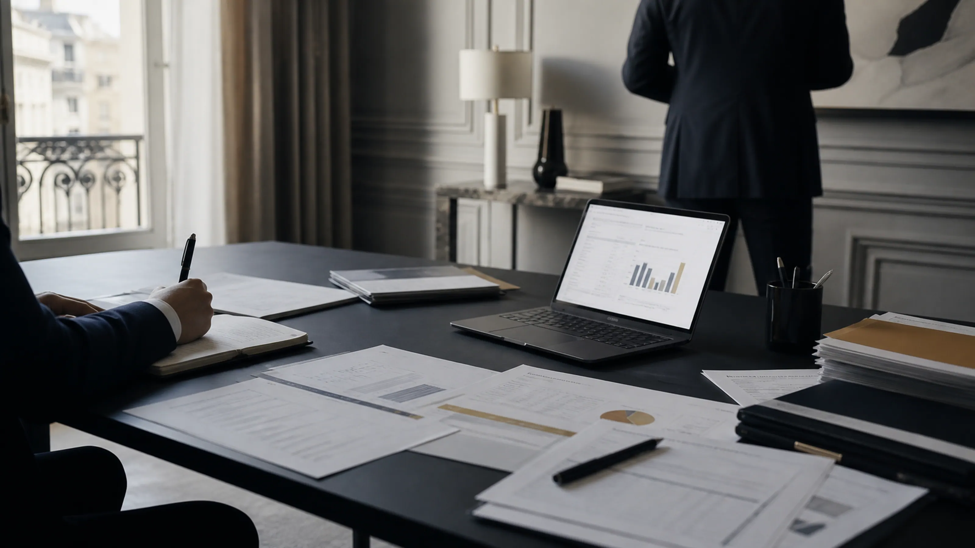 Contrats et tablette disposés sur une table de travail contemporaine.