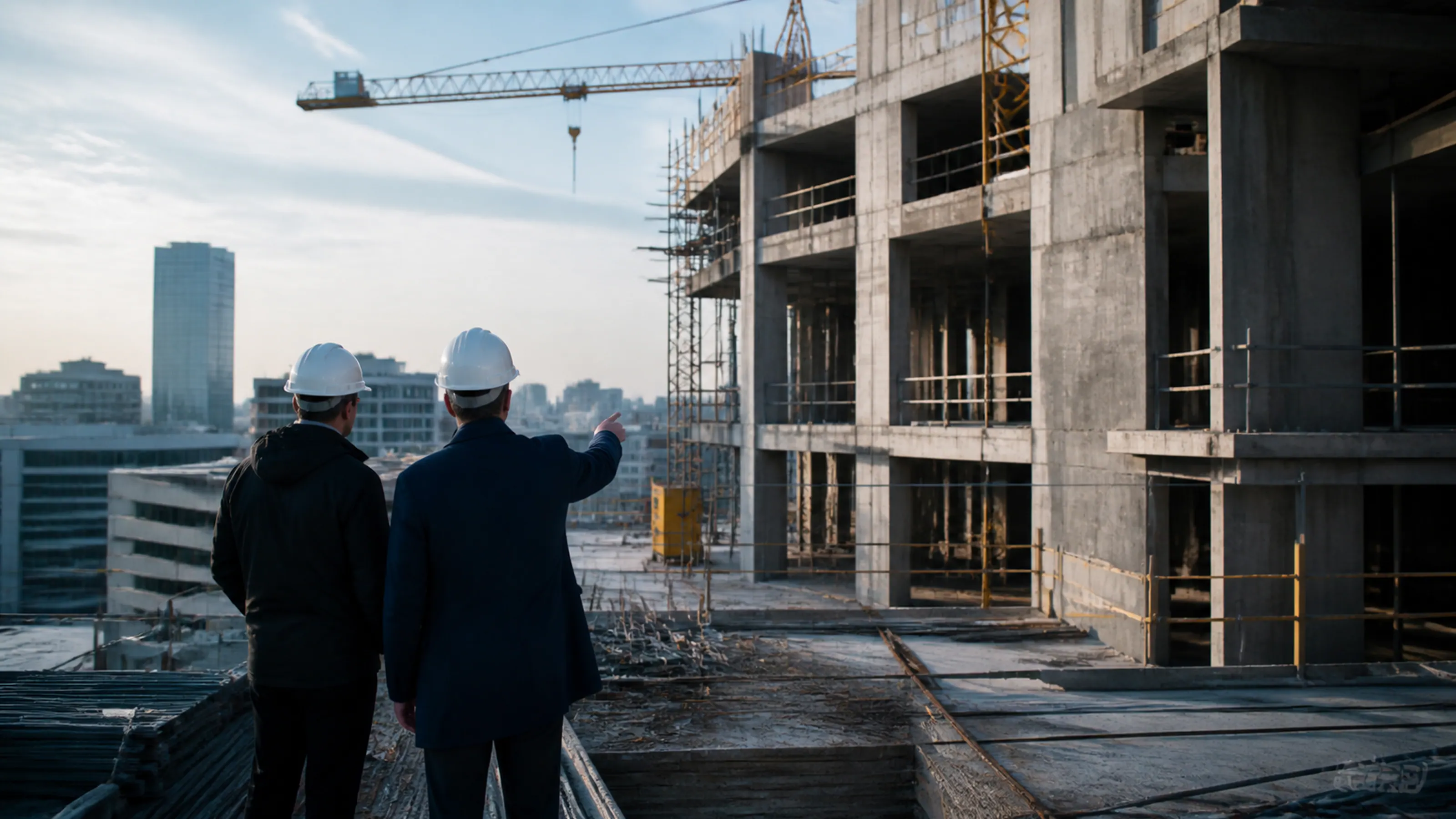 Chef de chantier vu de dos devant un bâtiment tertiaire moderne et une grue.