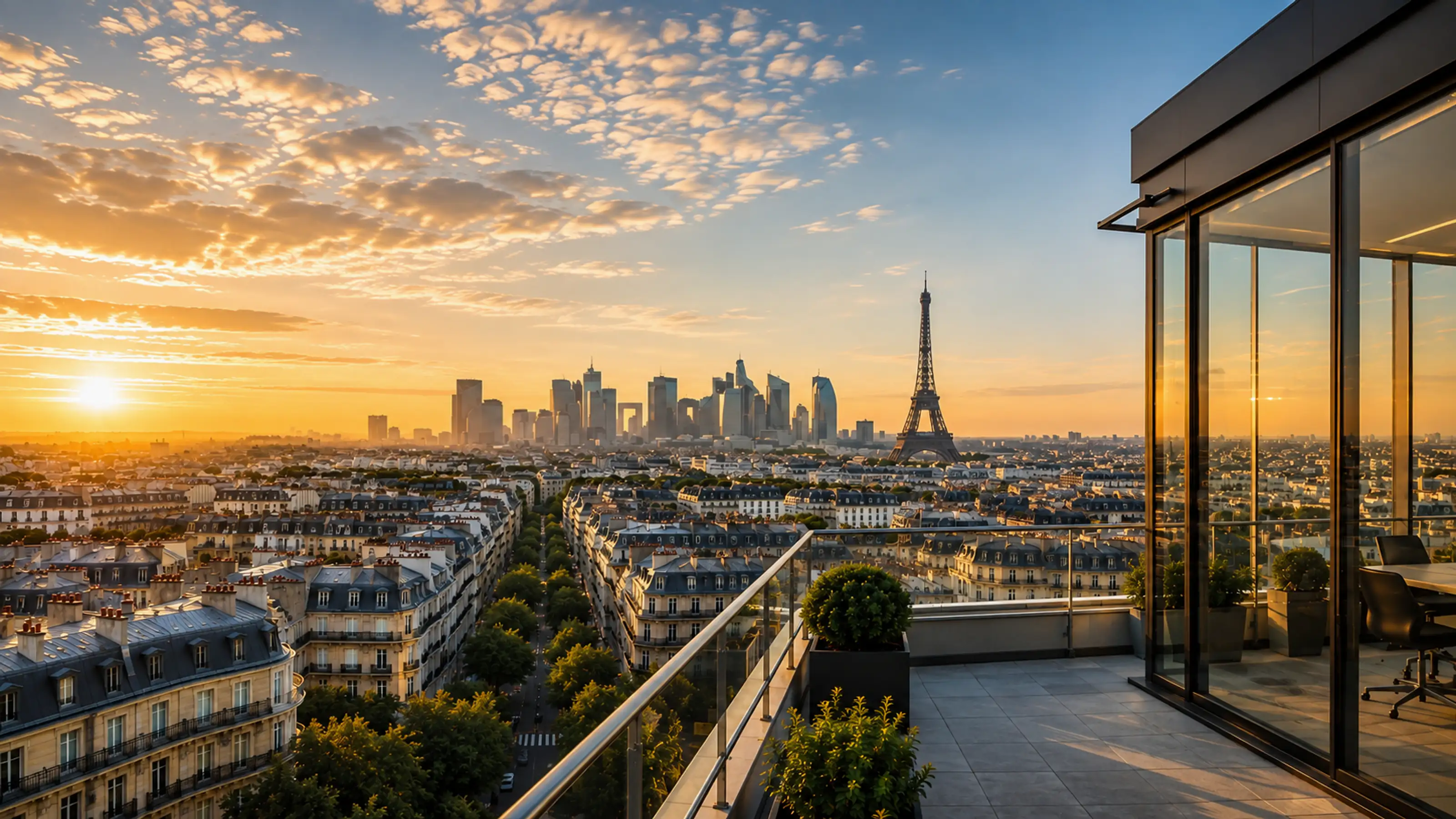 Vue de Paris et de la Tour Eiffel depuis un immeuble professionnel contemporain.