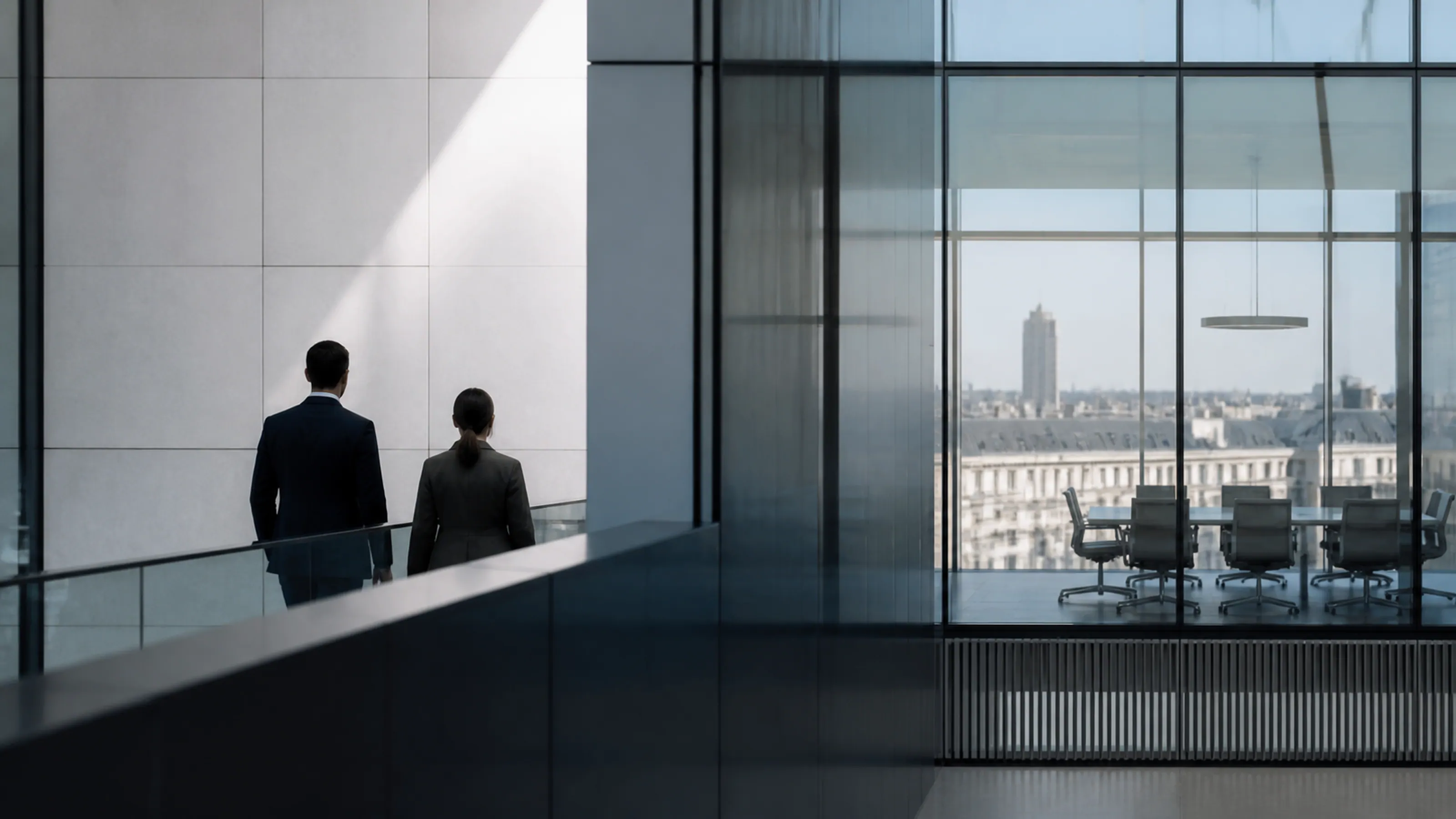 Professionnels dans un espace de conseil contemporain à Paris.