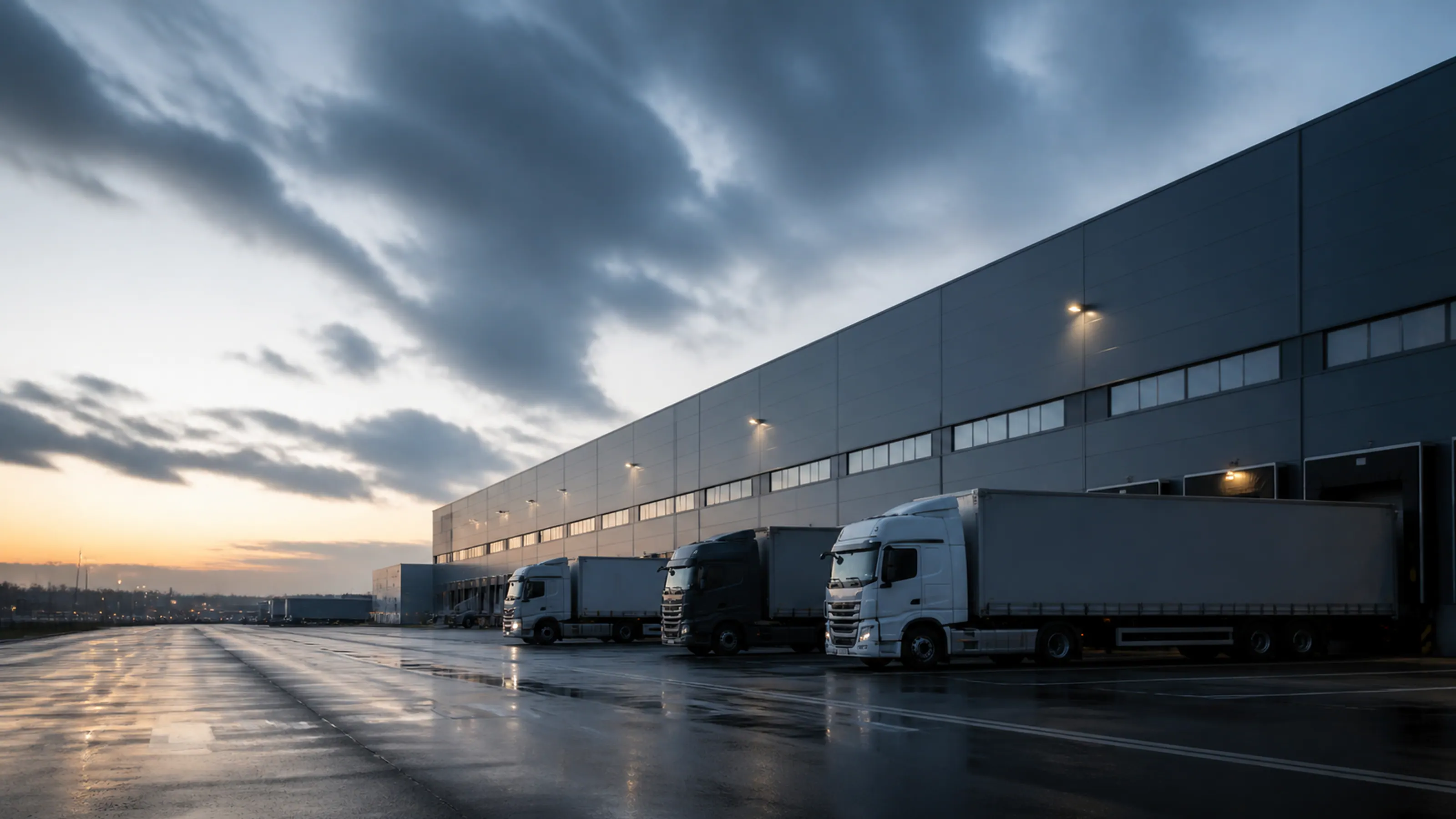 Flotte de poids lourds stationnée sur une plateforme logistique contemporaine.